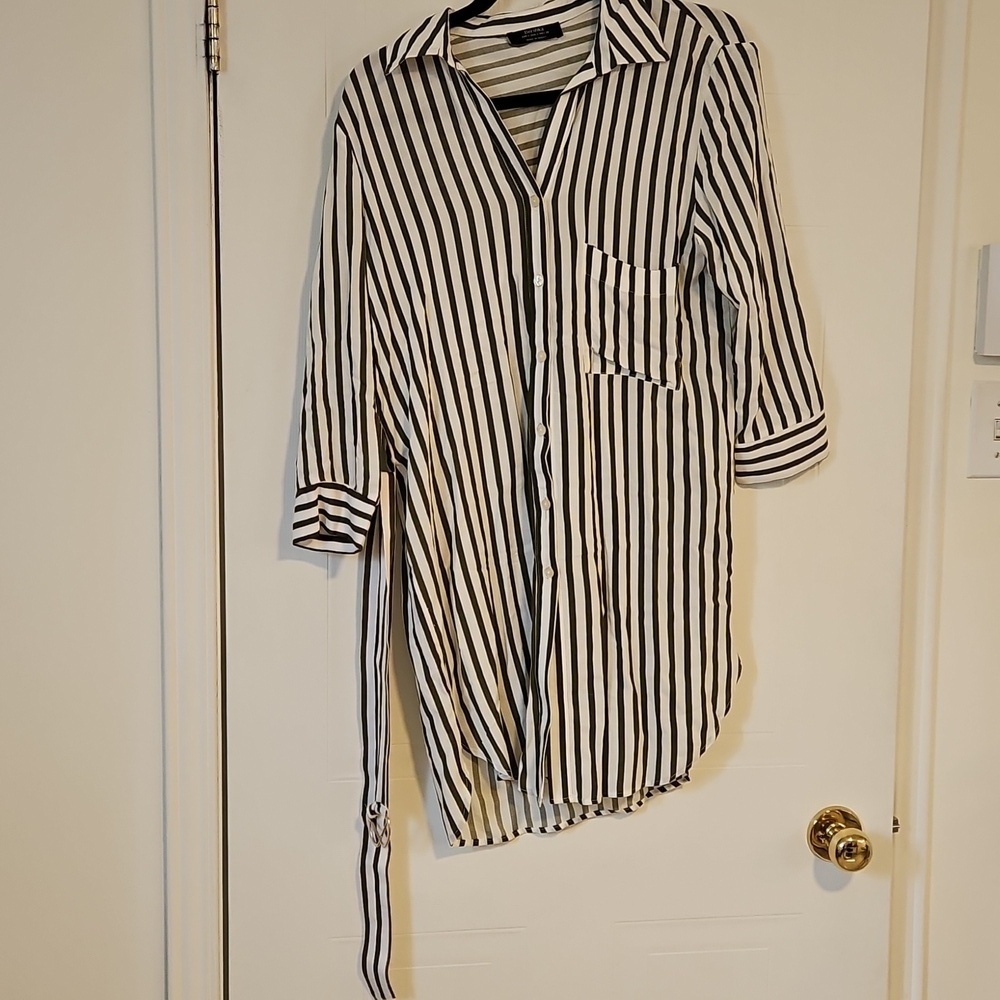 Bershka Midi Shirt Dress Womens S Green white Striped Oversized Belted
